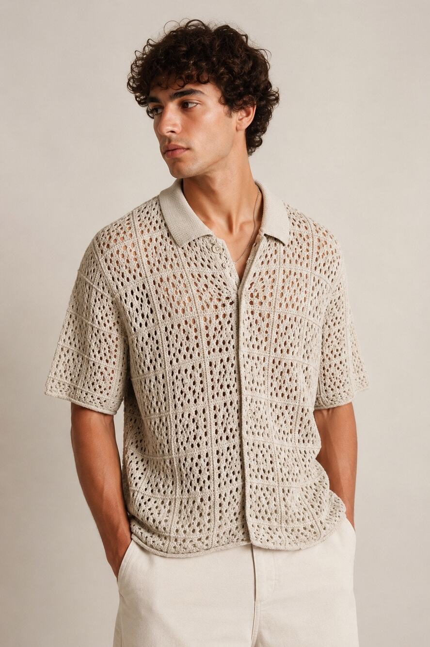 Stüssy Open Knit Crochet Polo Shirt Beige Cotton Button Front Size M